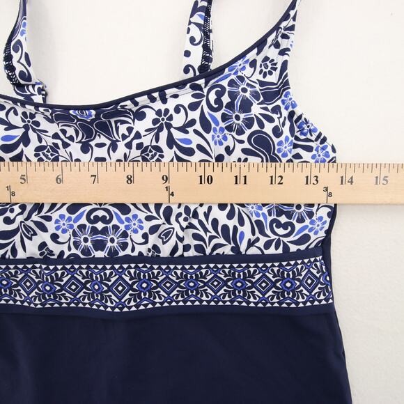 Lands End Tankini Top Navy Blue White Pattern Underwire Scoop Neck Size 8 - Picture 5 of 8